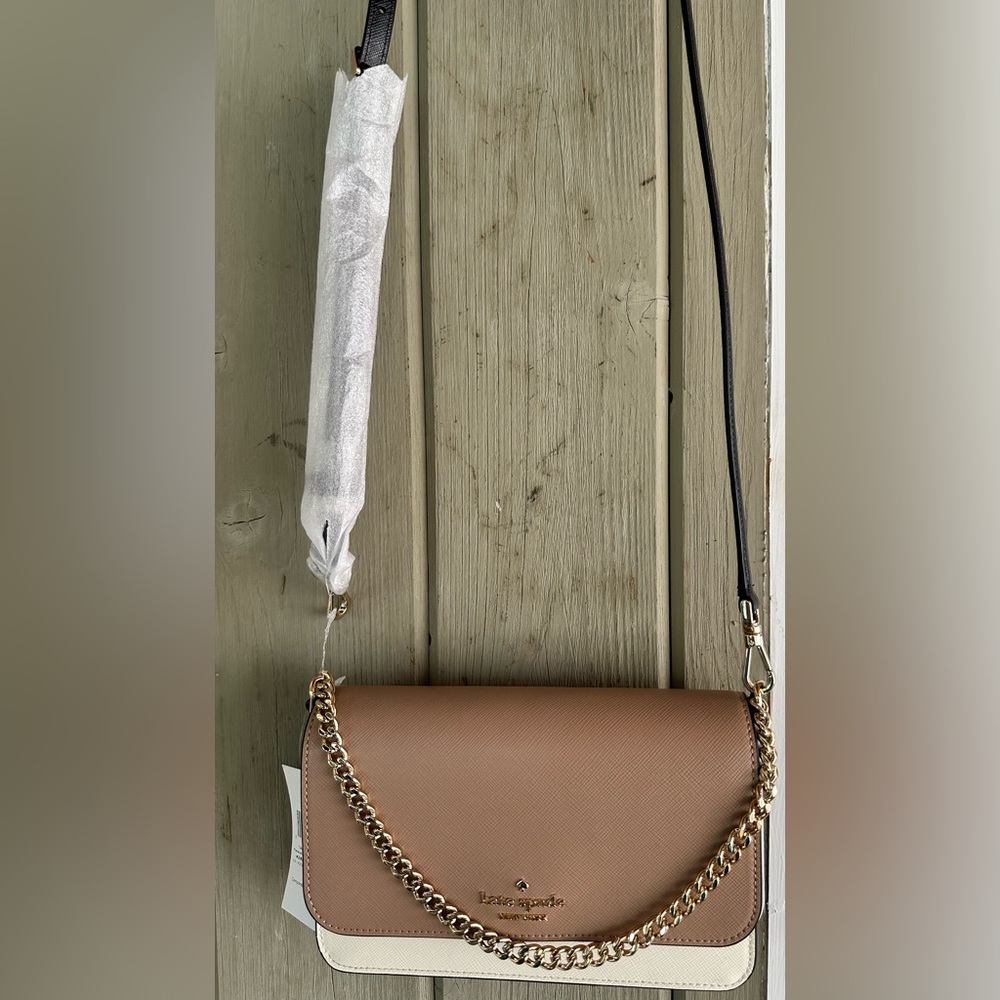 Kate Spade Tan and Cream Crossbody Bag with Gold Chain
